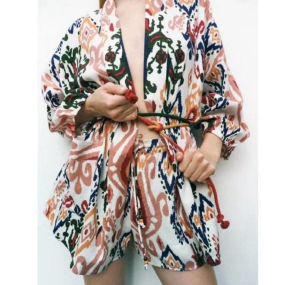 Zara Hanoi Kimono Womens Size S Multicolor Ikat Floral Print Rope Tie Jacket Top